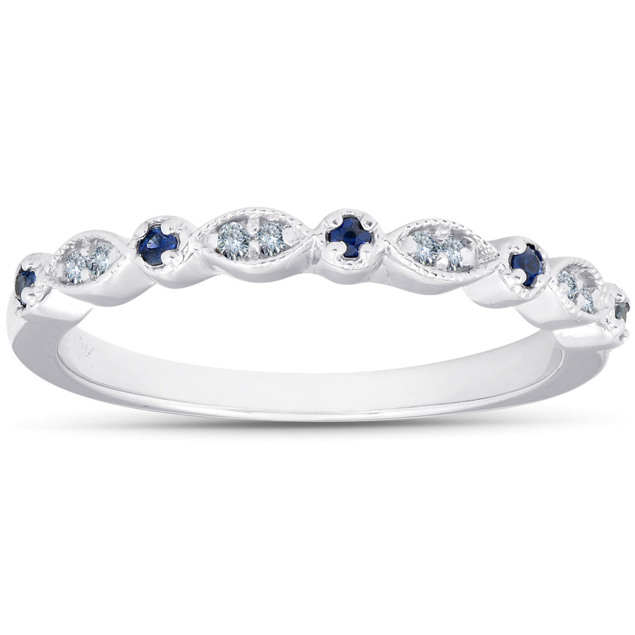 1/5 ct Blue Sapphire & Diamond Wedding Ring Stackable Band 10k White Gold (I-J, I2-I3)