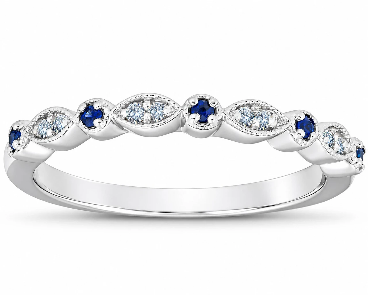 1/5 ct Blue Sapphire & Diamond Wedding Ring Stackable Band 10k White Gold (I-J, I2-I3)