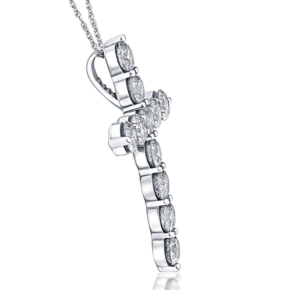 3 Carat Diamond Cross Pendant - 14K White Gold, 11 Round Brilliant Cut Diamonds, 18" Chain Included