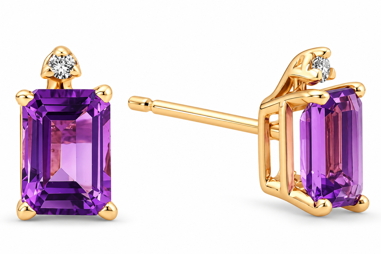 1 3/4ct Emerald Amethyst Stud Earrings 14k Yellow Gold (I-J, I2-I3)
