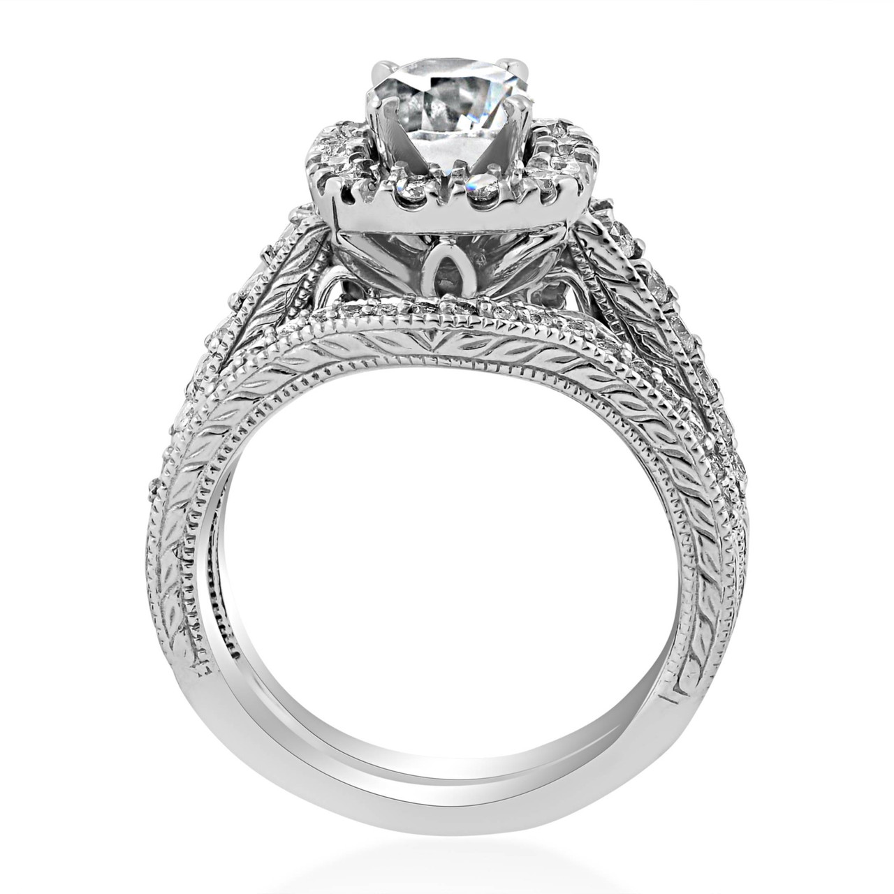 1 3/4ct Cushion Diamond Vintage Halo Engagement Ring Set 14K White Gold (G-H, SI)