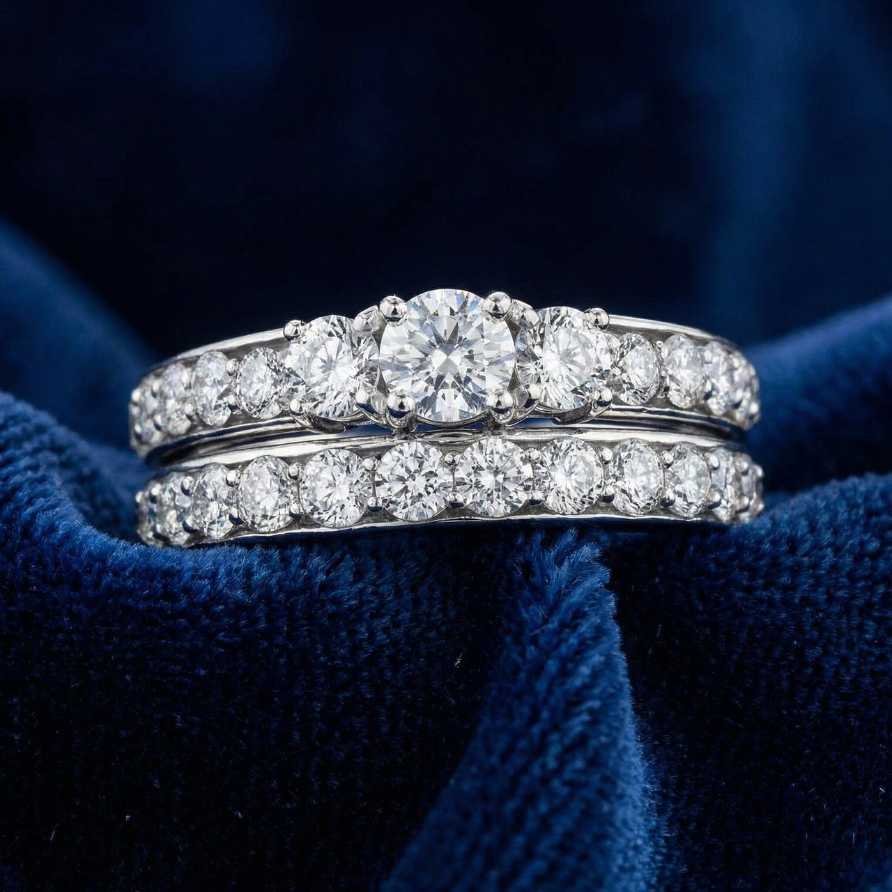 2 1/6ct 3-Stone Diamond Engagement Wedding Ring Set 10K White Gold (I-J, I1)