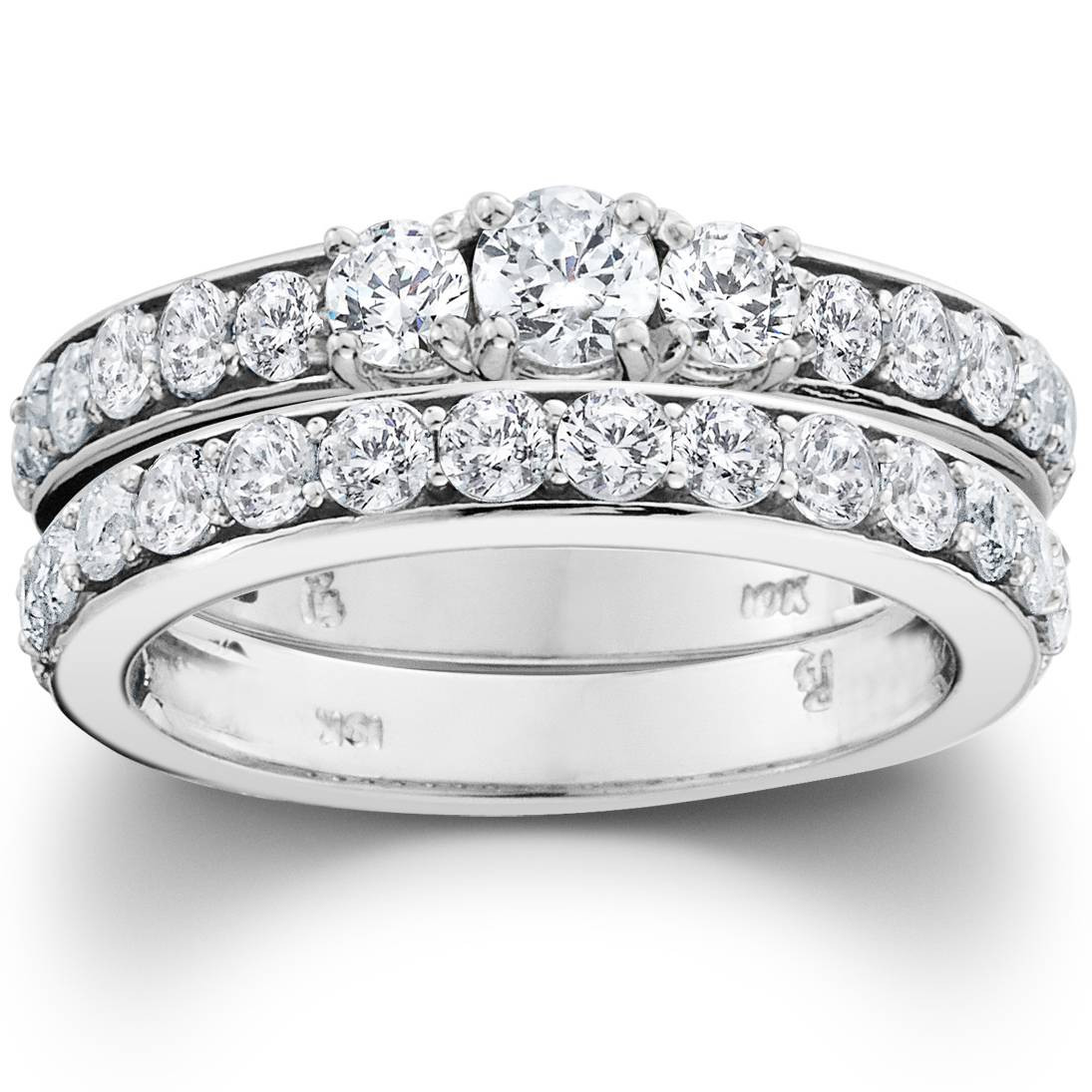 2 1/6ct 3-Stone Diamond Engagement Wedding Ring Set 10K White Gold (I-J, I1)