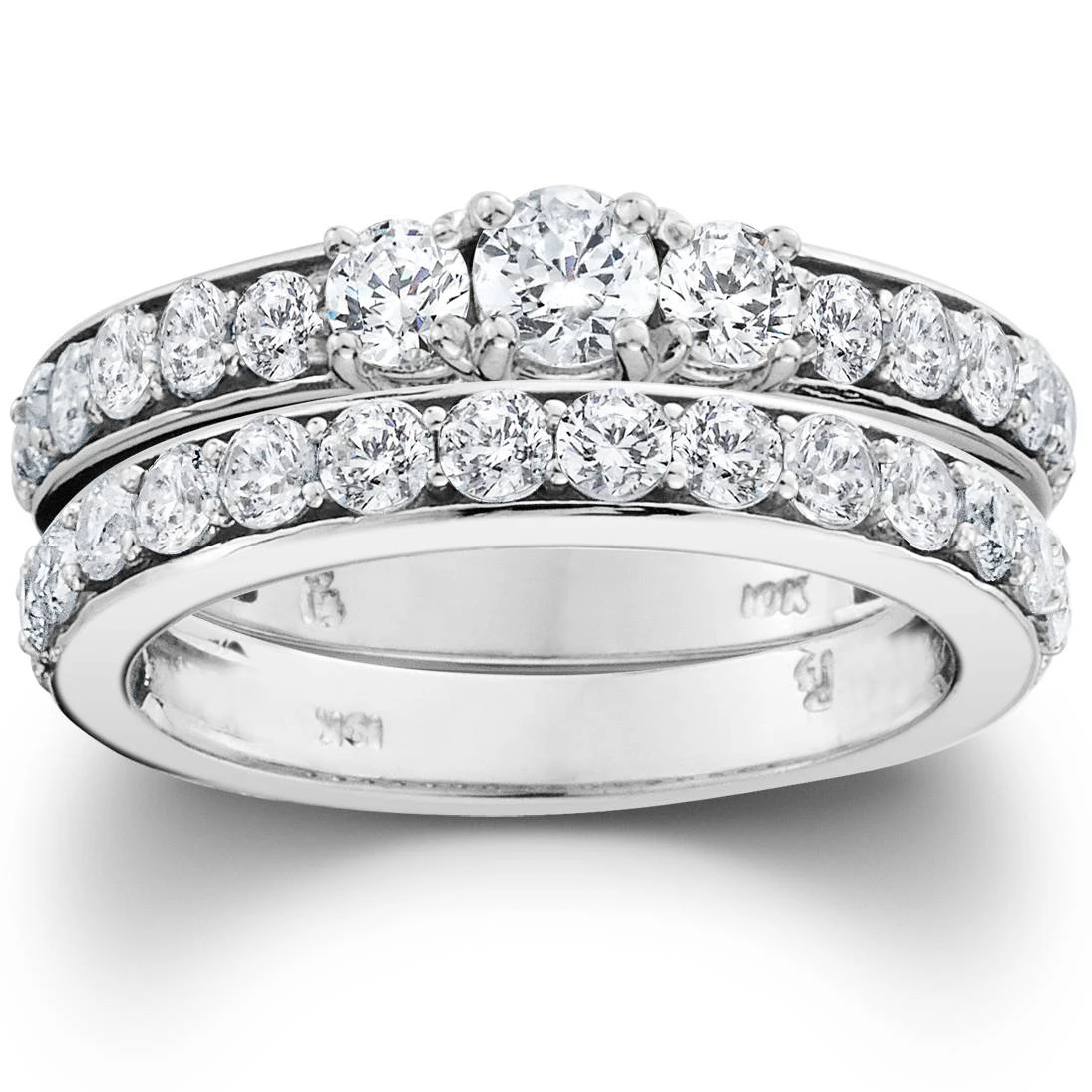 2 1/6ct 3-Stone Diamond Engagement Wedding Ring Set 10K White Gold (I-J, I1)