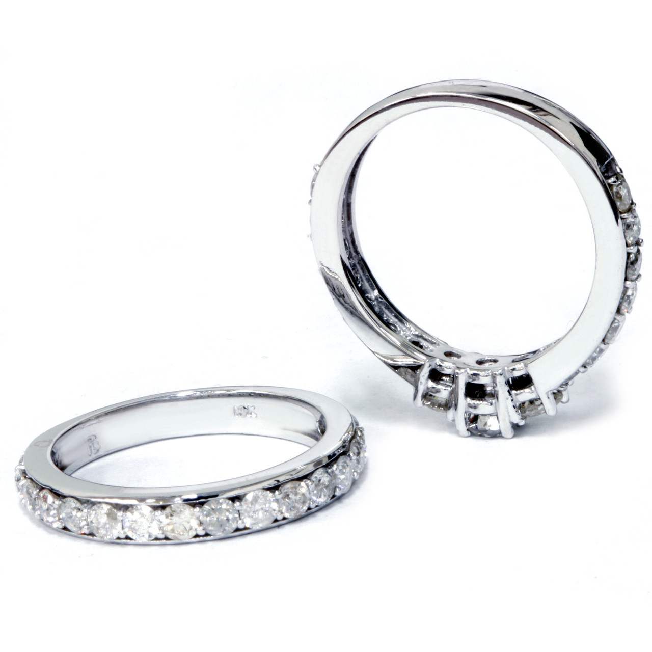 2 1/6ct 3-Stone Diamond Engagement Wedding Ring Set 10K White Gold (I-J, I1)