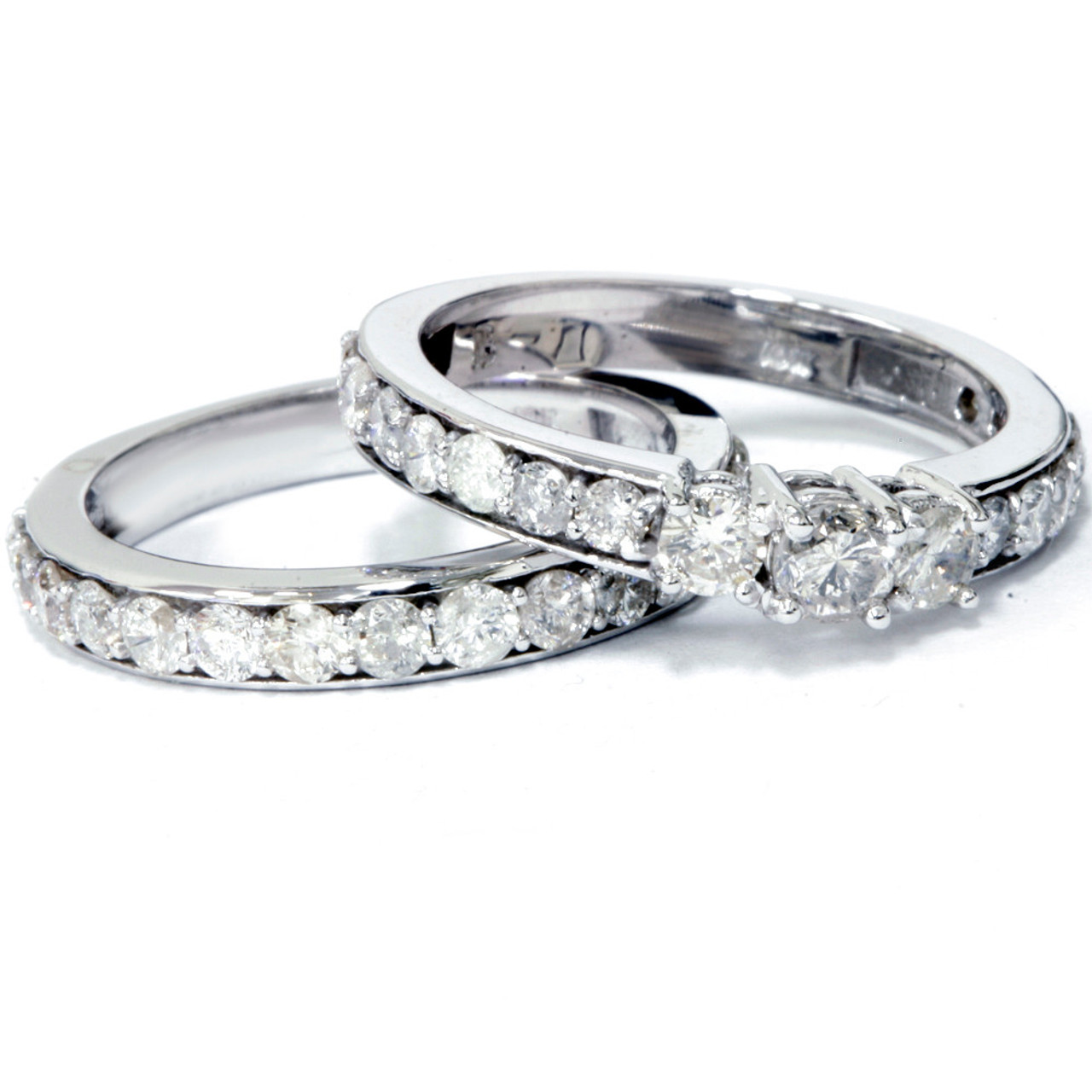 2 1/6ct 3-Stone Diamond Engagement Wedding Ring Set 10K White Gold (I-J, I1)