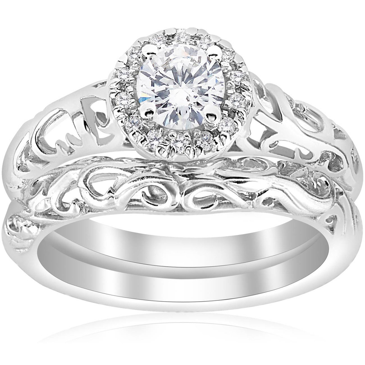 Antique Bridal Set with Forever One DEF Moissanite and Diamond in Yaffie  White Gold, featuring 1 1/3ct TGW Round Brilliance