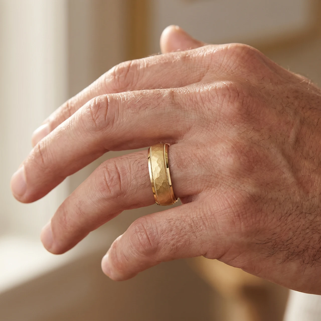 6mm Hammered Mens Wedding Band 14K Yellow Gold