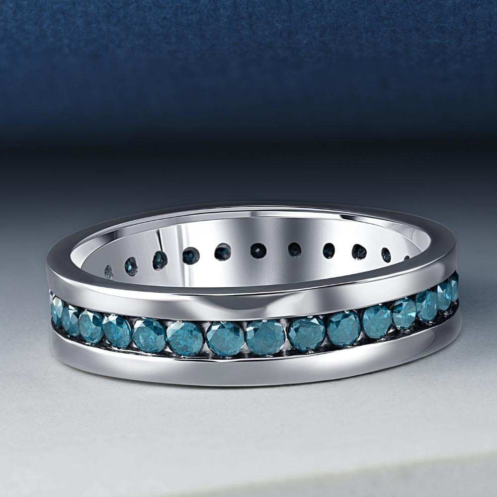 Men's 1 1/5ct Blue Diamond Channel Set Eternity Ring 14K White Gold Wedding Band (Blue, I1)