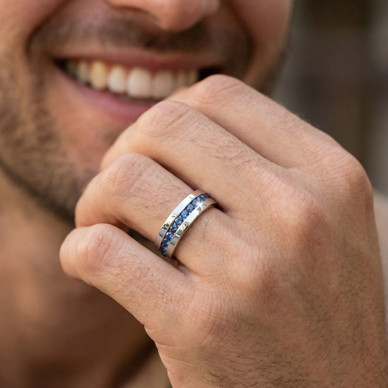 Men's 1 1/5ct Blue Diamond Channel Set Eternity Ring 14K White Gold Wedding Band (Blue, I1)