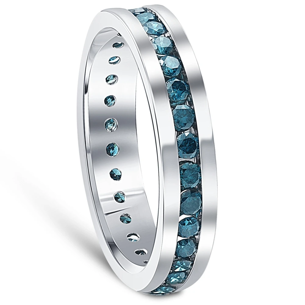Men's 1 1/5ct Blue Diamond Channel Set Eternity Ring 14K White Gold Wedding Band (Blue, I1)