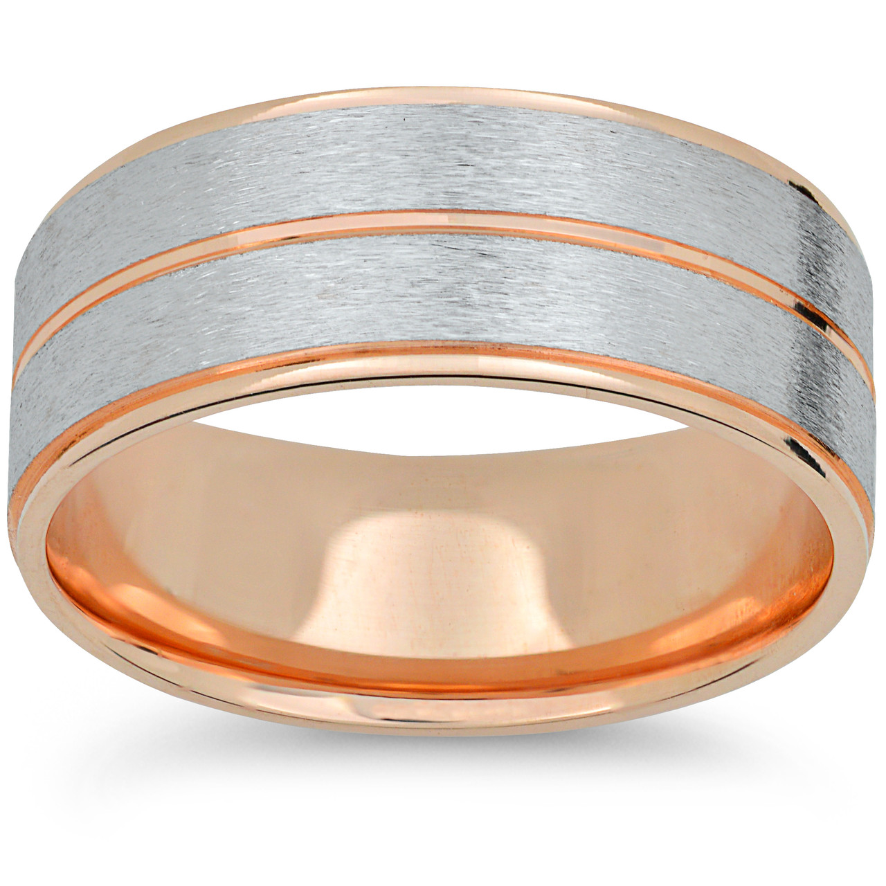 Mens 14k Rose & White Gold Two Tone Brushed Wedding Band