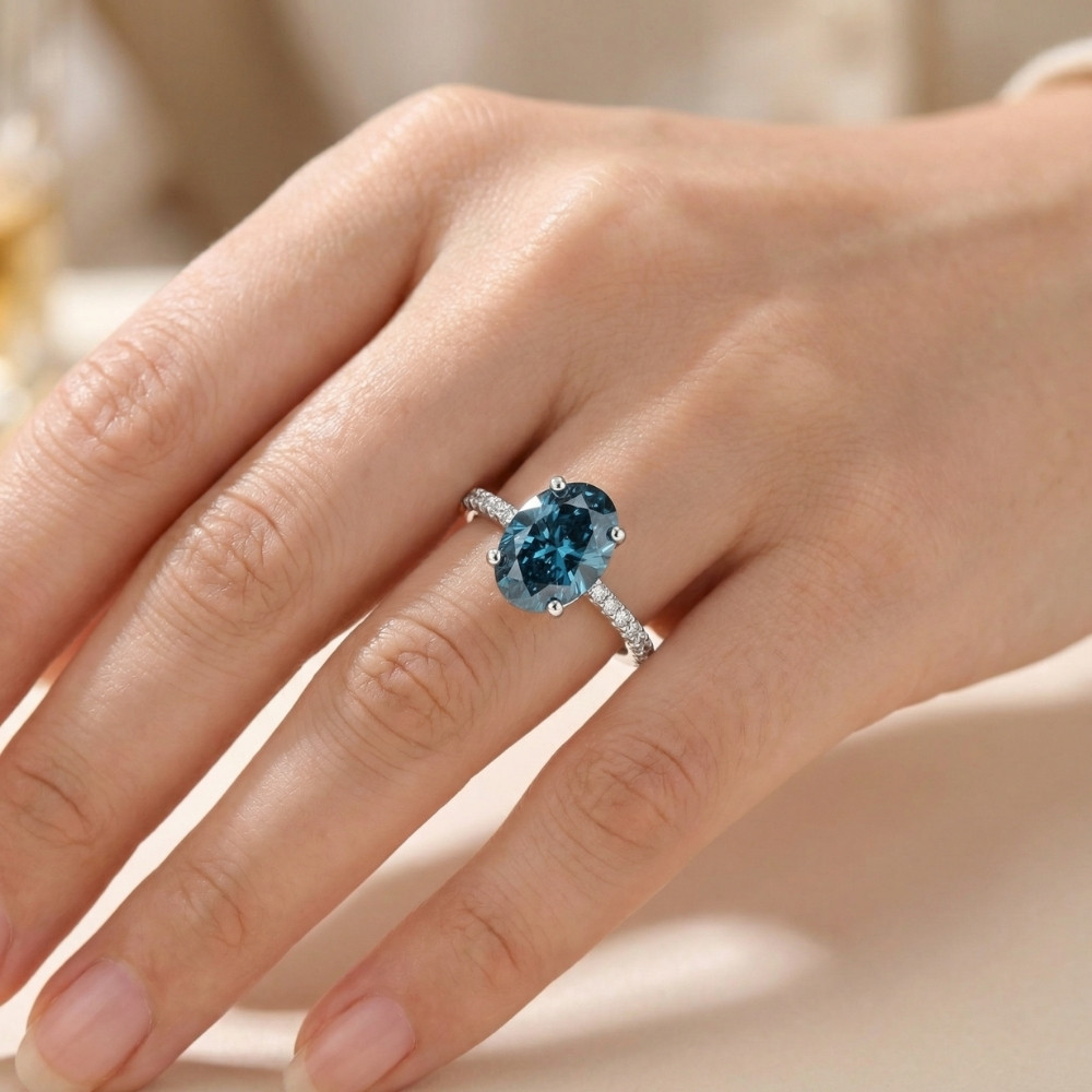 2 1/3Ct Blue Oval Diamond Engagement Ring in 14k White Gold Lab Grown (G-H, SI)