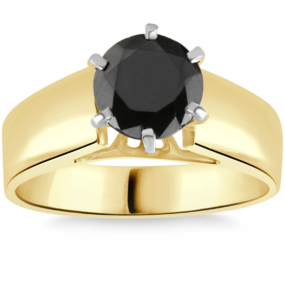 2Ct Round Black Diamond Solitaire Engagement Ring 14k Yellow Gold (Black, I2-I3)