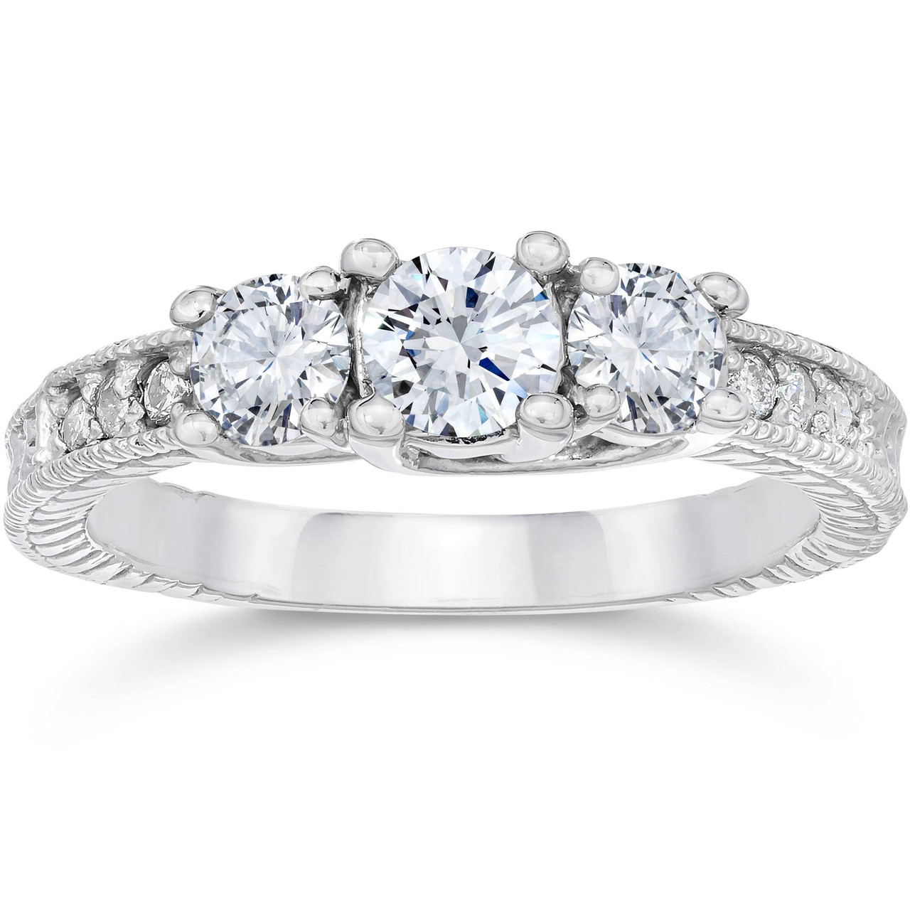 1 Carat Vintage 3-Stone Diamond Engagement Anniversary Ring 10k White Gold (I-J, I2-I3)