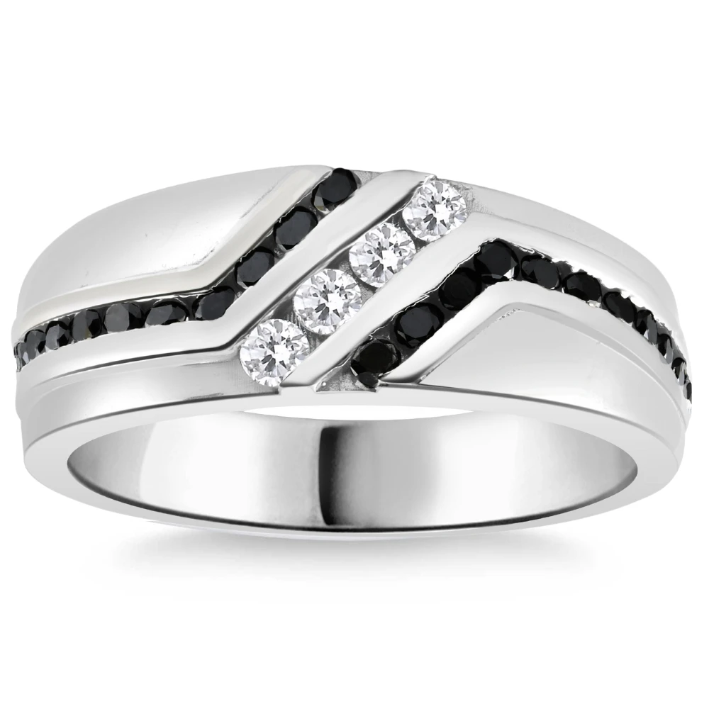 1 Ct TW Mens Black & White Diamond Wedding Band 10k White Gold Ring (G-H, I1)