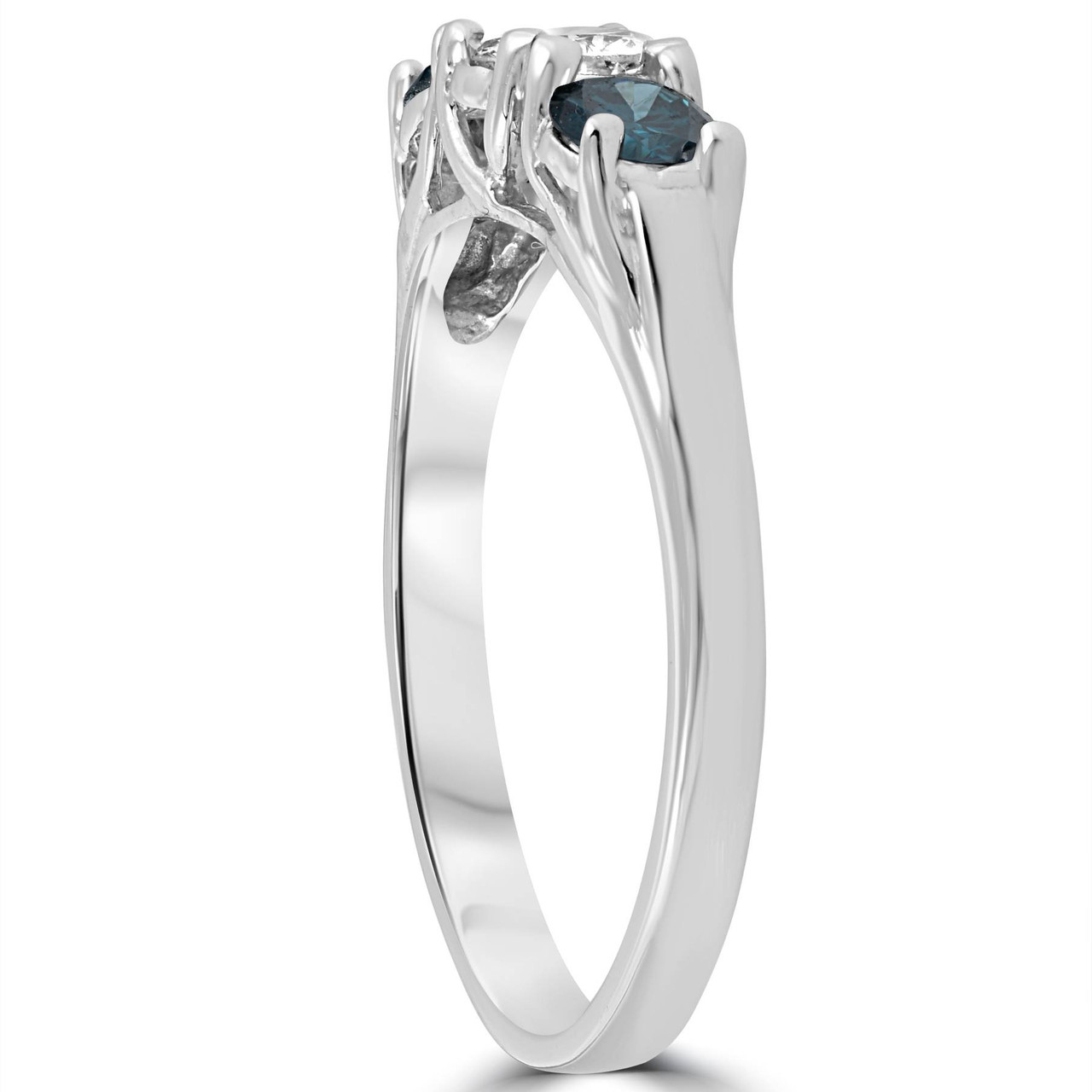 3/4ct 3 Stone Blue & White Diamond Trellis Engagement Ring 14K White Gold (G-H, I1) 3/4ct 3 Stone Blue & White Diamond Trellis Engagement Ring 14K White Gold (G-H, I1)
