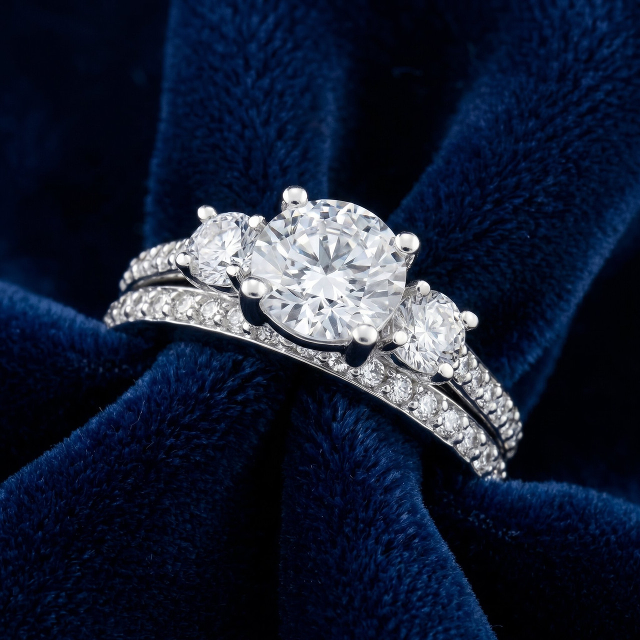 1 1/4 Ct 3-Stone Lab Created Diamond Engagement Ring Wedding Band 14k White Gold (F-G, VS)