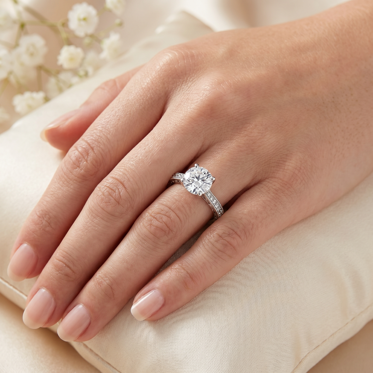 2 1/6 ct Lab Created Eco Friendly Diamond Vintage Engagement Ring 14k White Gold (F-G, VS2-SI1)