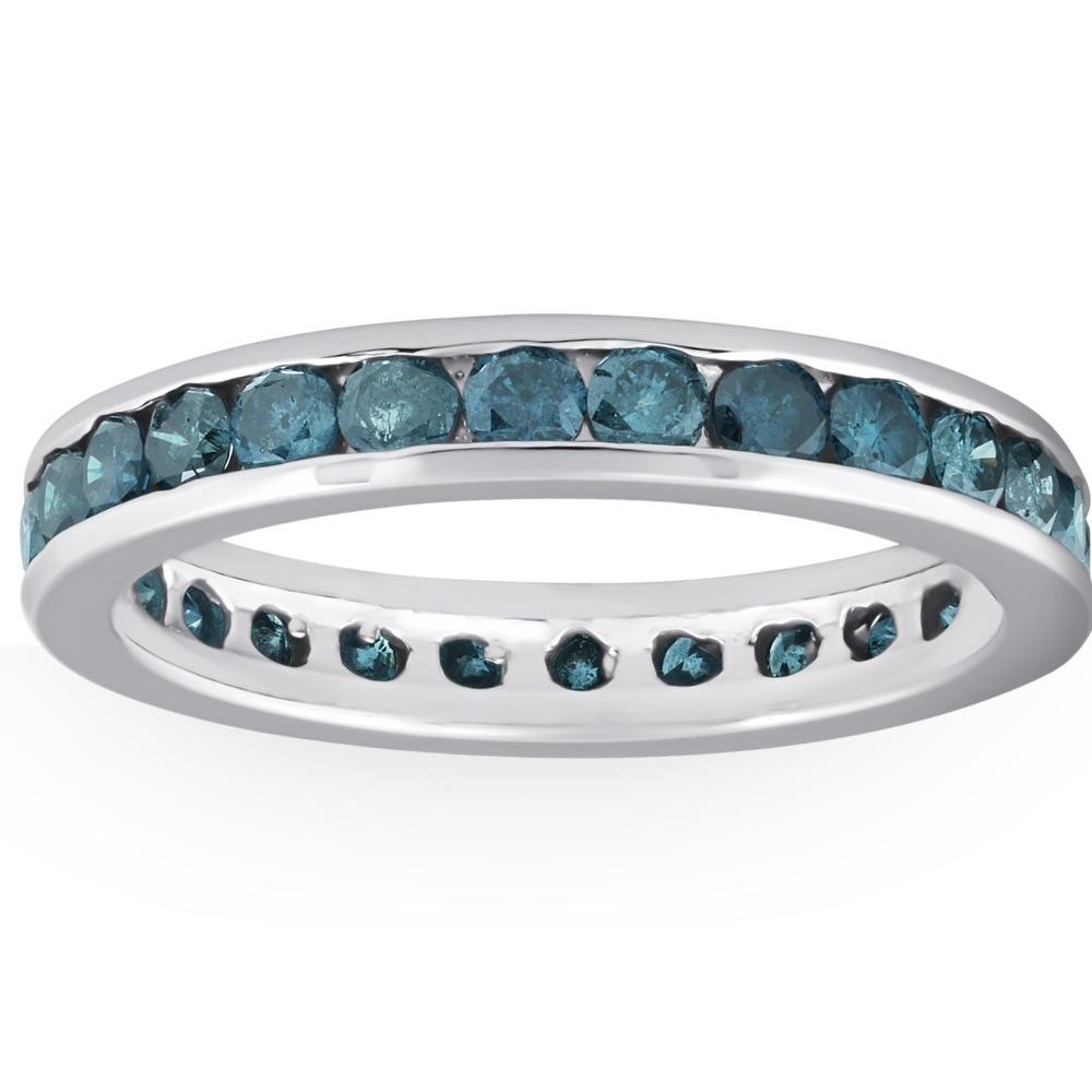 1 1/2ct Blue Diamond Channel Set Eternity Ring 14K White Gold (Blue, I1)