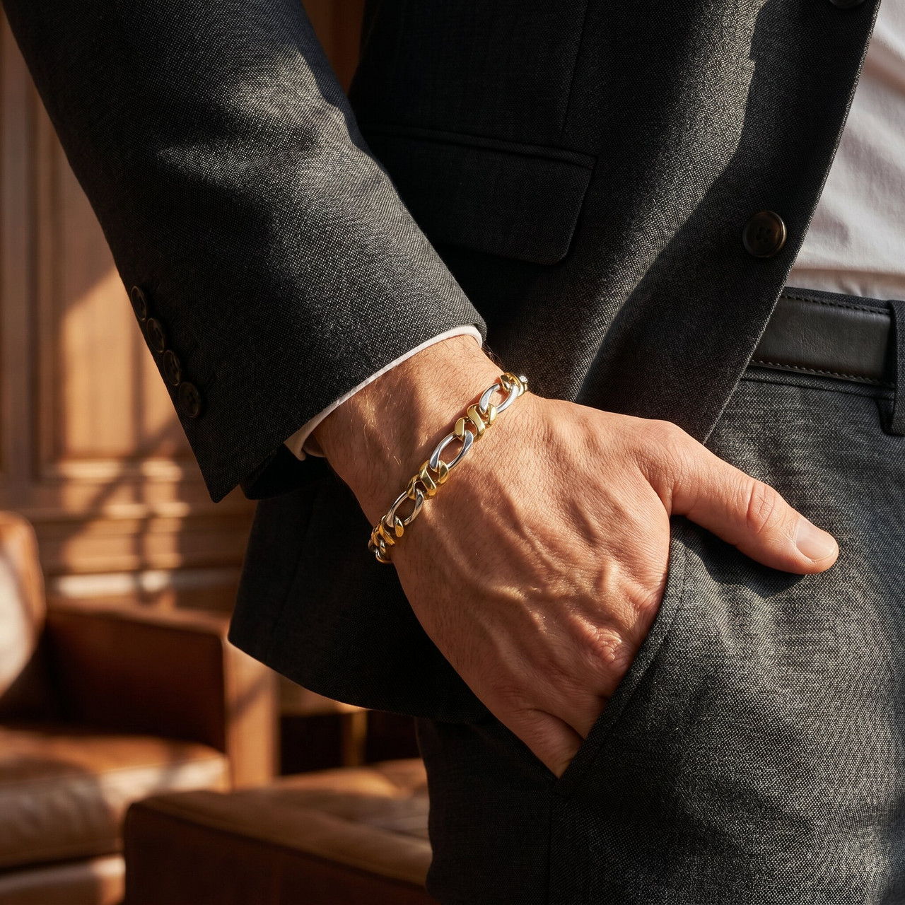 Men's Figaro Link 14k Gold (31gram) or Platinum (50gram) 9mm Bracelet 8.5"