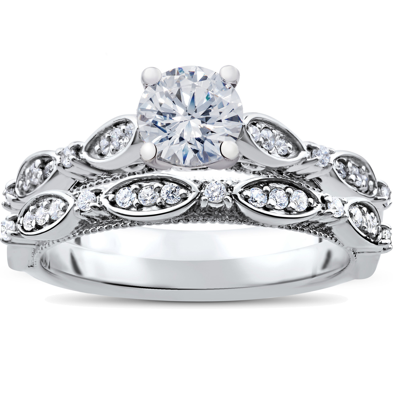 1 ct Vintage Diamond Engagement Ring & Matching Wedding Band Set 14k ...