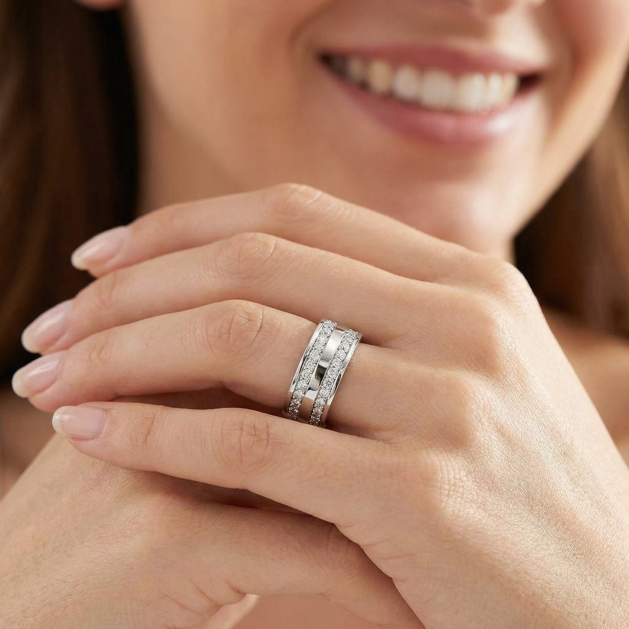 1 1/2ct Double Row Diamond Eternity Ring 14K White Gold (G-H, I1)