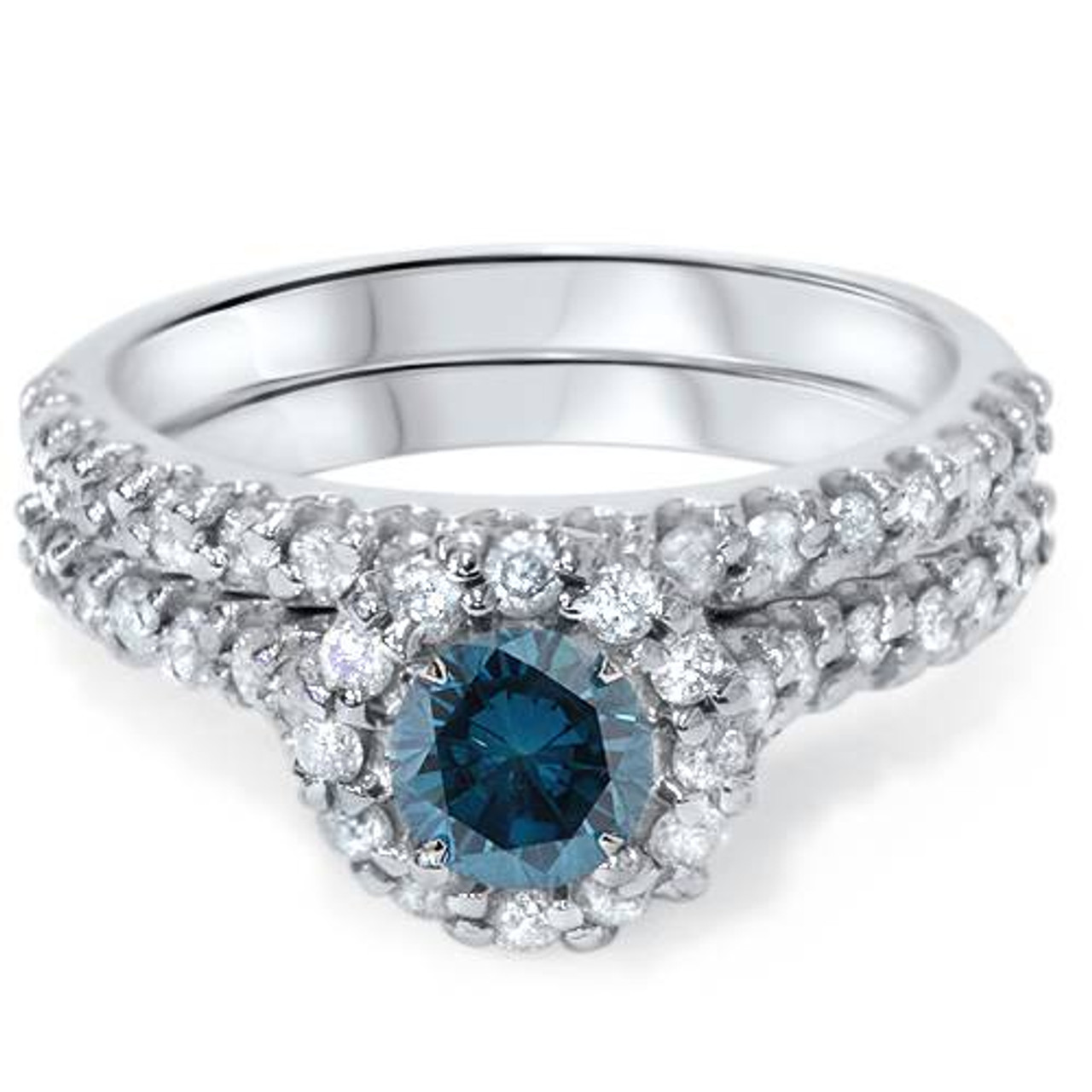 1 7/8ct Blue Diamond Halo Engagement Wedding Ring Set 14K White Gold