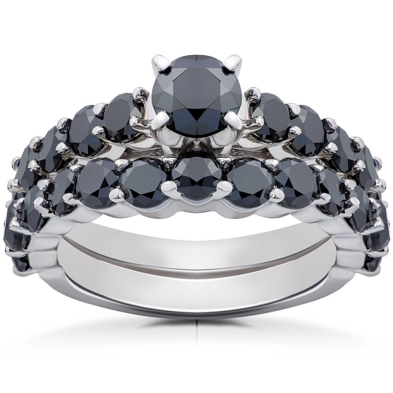 2 ct Black Diamond Engagement & Wedding Ring Set 14K White Gold (Black, I1)