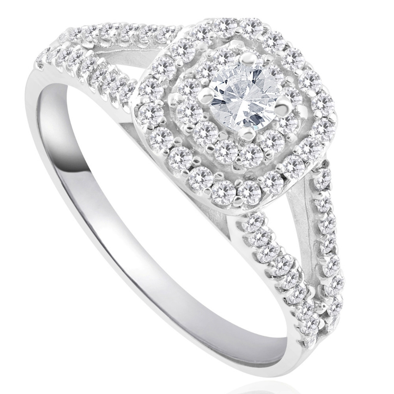1Ct TW Diamond Double Cushion Halo Engagement Ring in 10k White Gold (G-H, I1) 1Ct TW Diamond Double Cushion Halo Engagement Ring in 10k White Gold (G-H, I1)