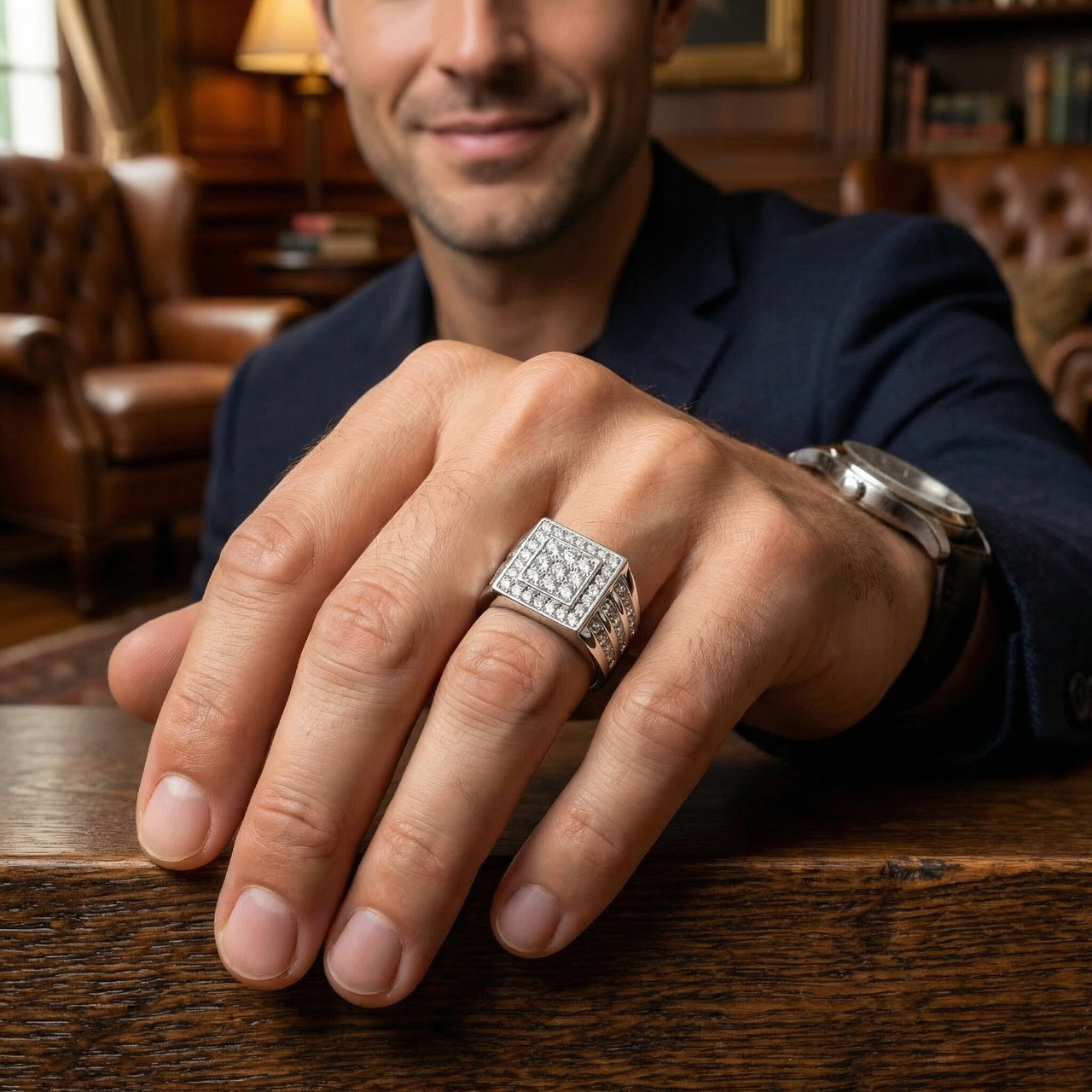 1Ct TW Diamond Men's Anniversary Wedding Ring High Polished Band 10k White Gold (G-H, I1)