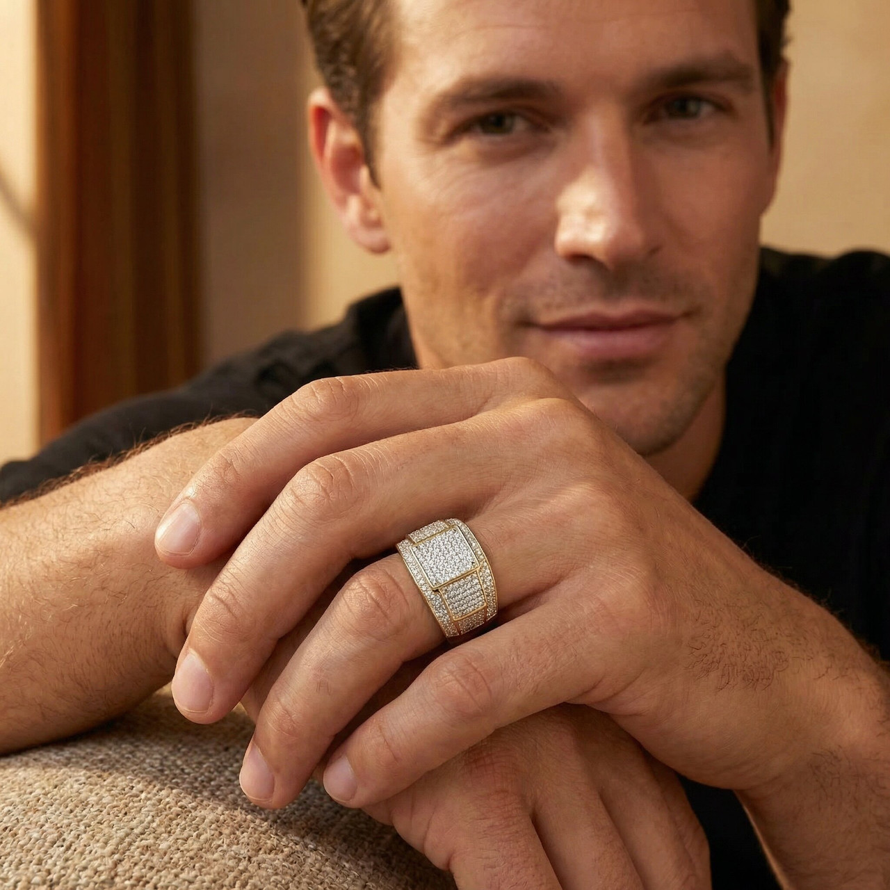 1Ct TW Diamond Men's Ring 10k Yellow Gold 12mm Wide (G-H, I2-I3)