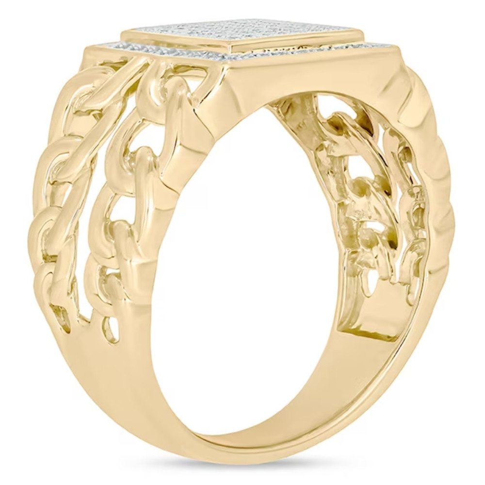 1/3Ct TW Diamond Men's Chain Cuban Link Ring 10k Yellow Gold 9mm Wide