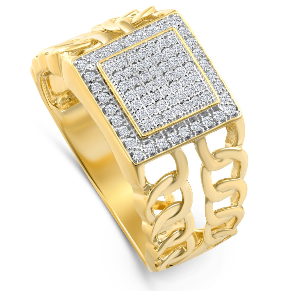 1/3Ct TW Diamond Men's Chain Cuban Link Ring 10k Yellow Gold 9mm Wide