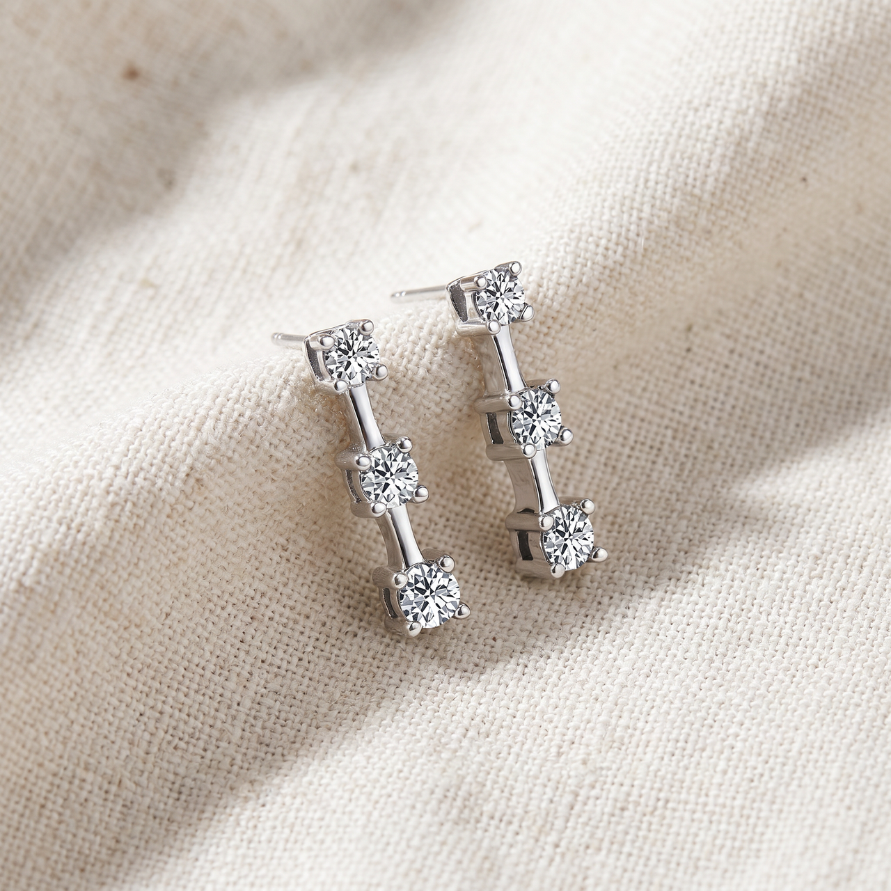 1ct Three Stone Diamond Earrings 14K White Gold (G-H, I2-I3)