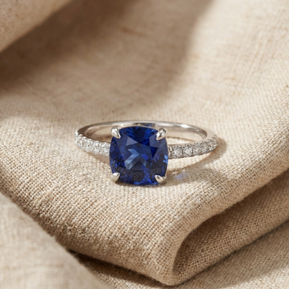 VS 2 1/3Ct TW Cushion Blue Sapphire & Diamond Ring in 14k White Gold (G-H, I1)