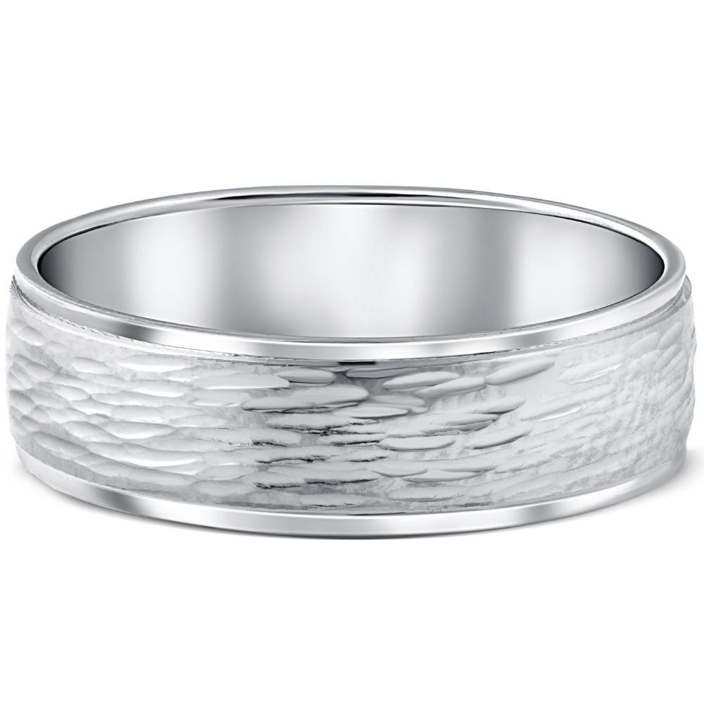 Hand Etched 6mm Dome Wedding Band 10K White Gold
