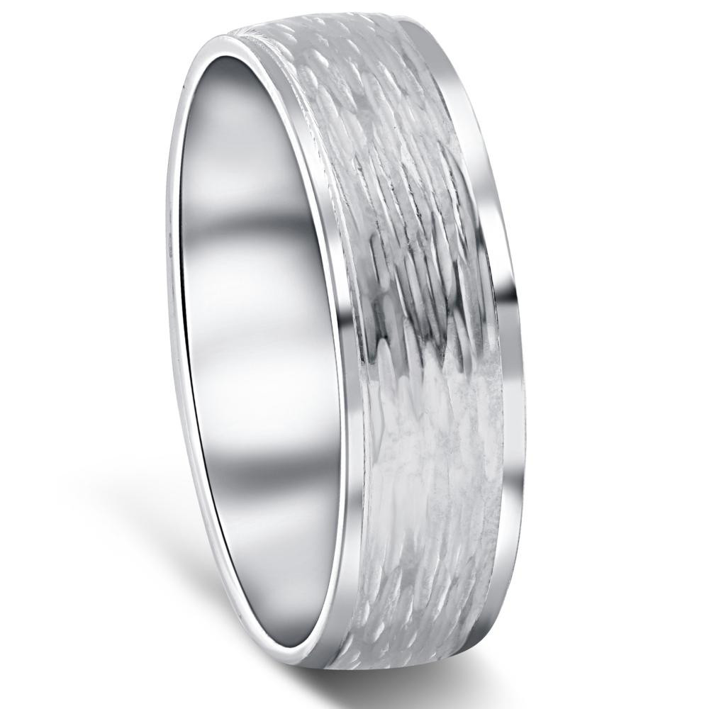 Hand Etched 6mm Dome Wedding Band 10K White Gold