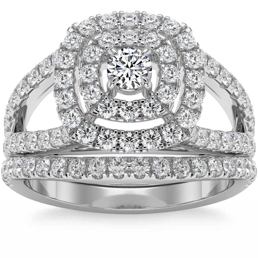 1 3/4Ct Natural Diamond Cushion Halo Engagement Wedding Ring Set in 10k Gold (H-I, I1)