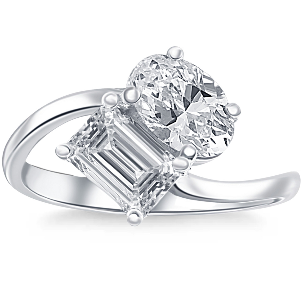 2 1/4Ct TW Toi et Moi Oval And Emerald Cut Engagement Ring White Gold ...
