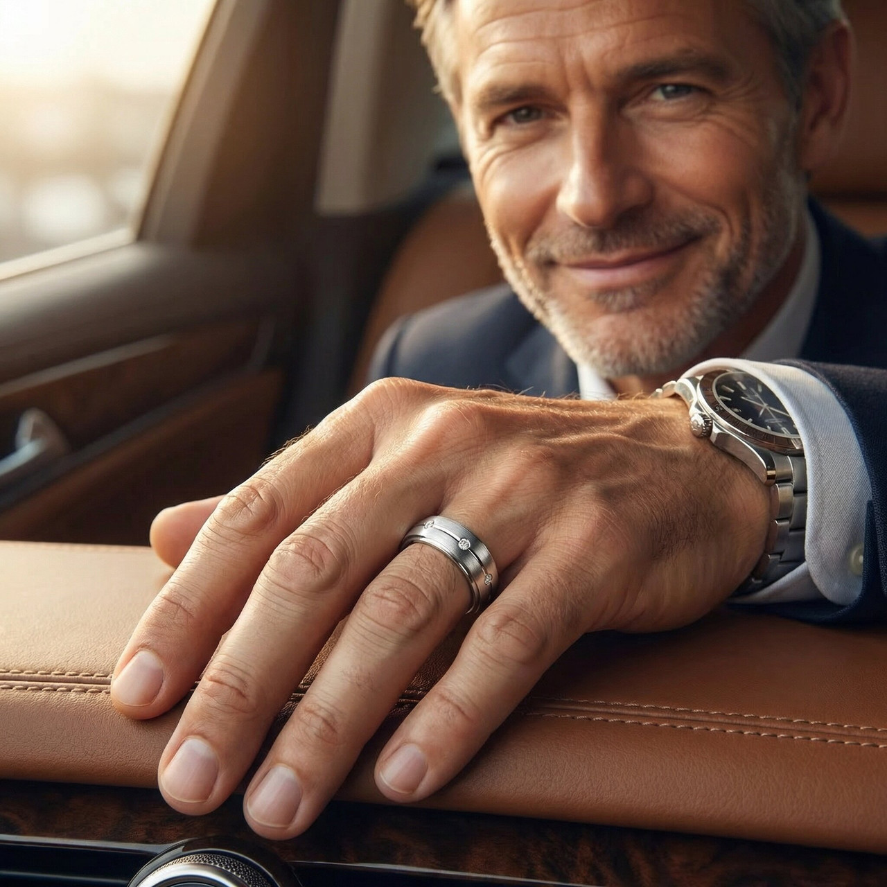 Mens 950 Platinum Diamond Band Brushed Wedding Ring (G-H, SI)