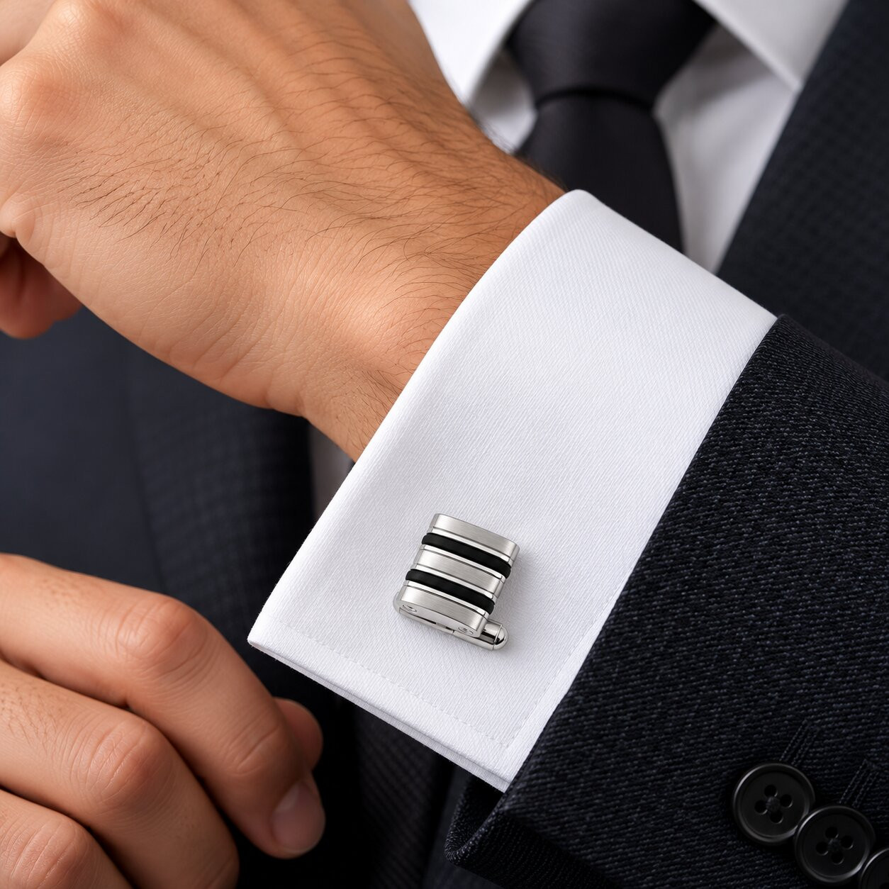 Men's Polished Stainless Steel And Brushed Black Striped 12.5mm Cufflink