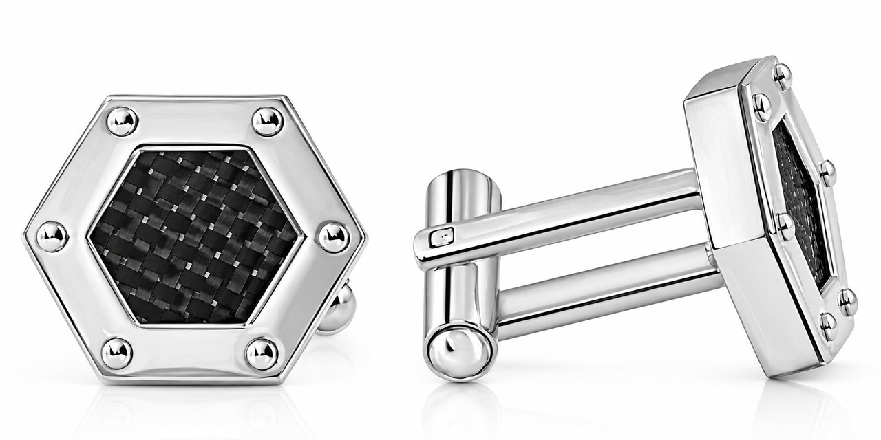Men's Stainless Steel And Black Carbon Fiber Hexagon Polished 16.5mm Cufflink