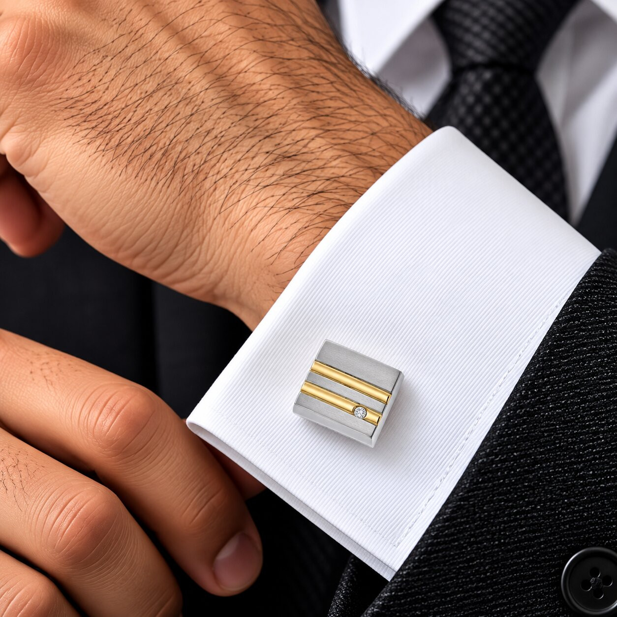 Men's Stainless Steel And Gold Double Striped Square Polished 14mm Cufflink