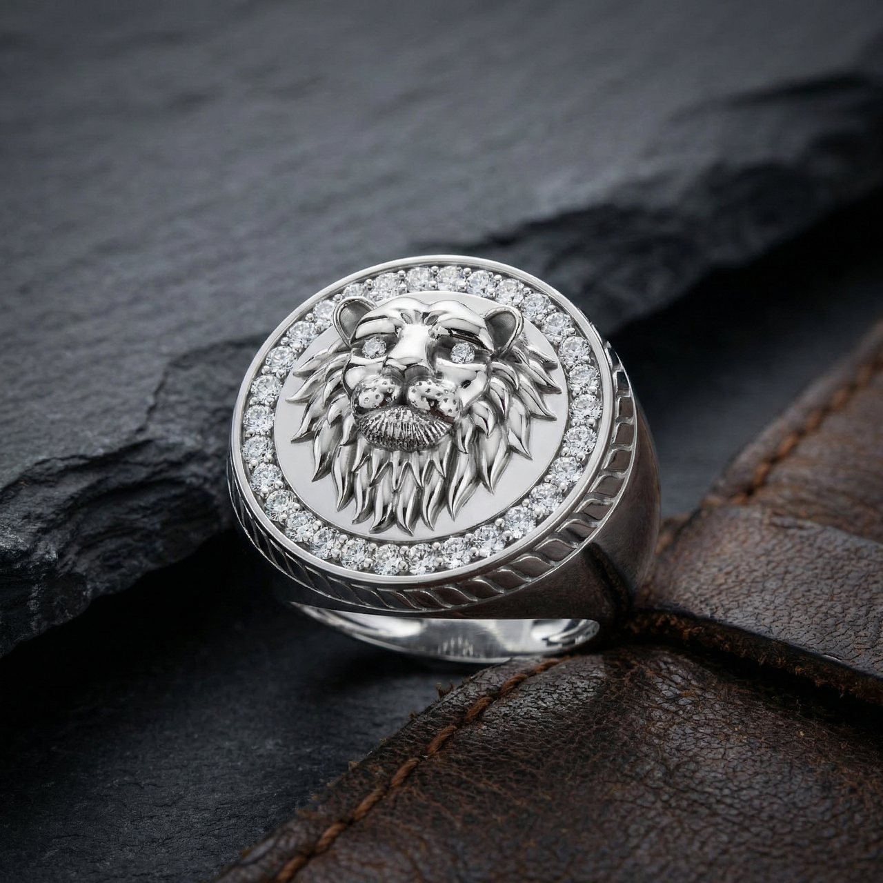 3/8Ct Men's Diamond Lion Head Pink Ring in 10k White or Yellow Gold (F-G, VS)