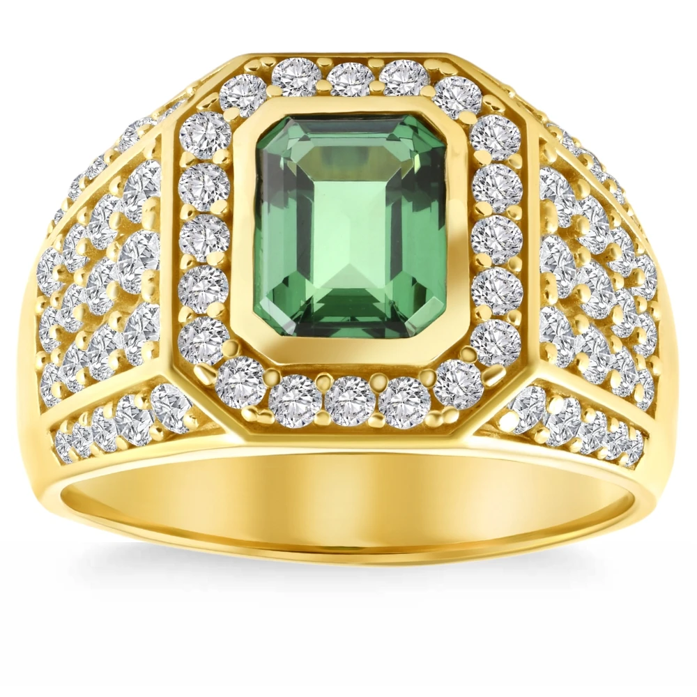 4 1/2Ct Emerald & Diamond Men's Ring 10k Yellow Gold Lab Grown (F-G, VS2-SI1)