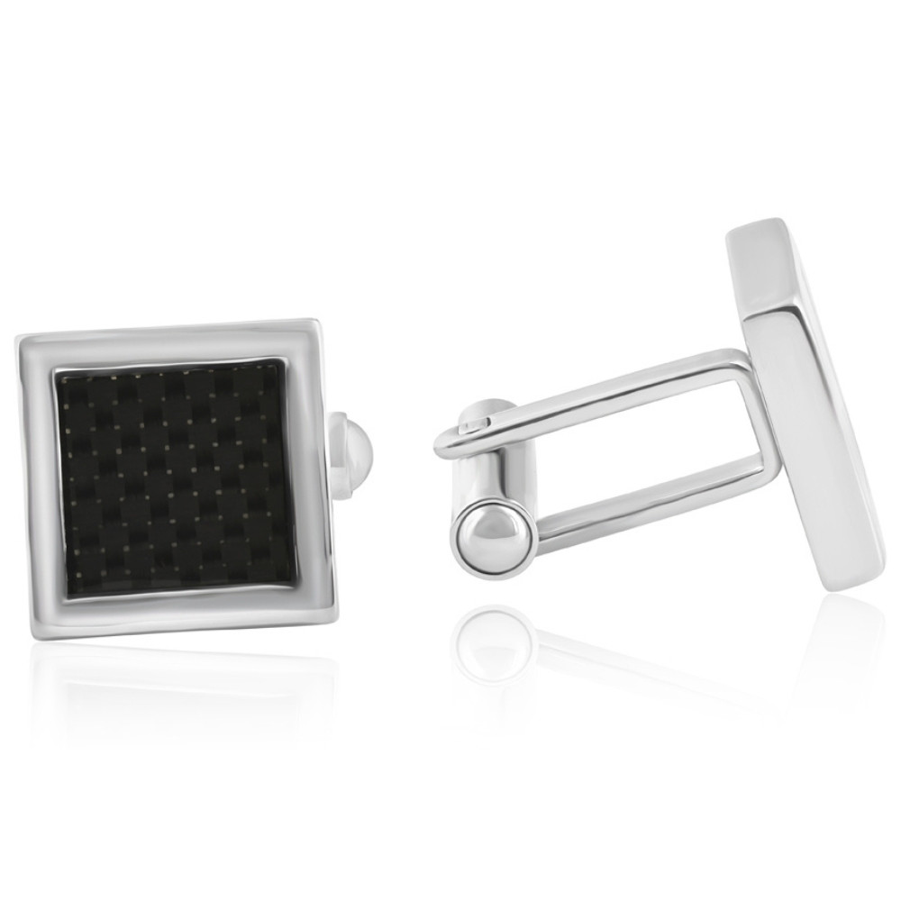 Men's Stainless Steel And Black Carbon Fiber Rectangle Polished Cufflink 13mm