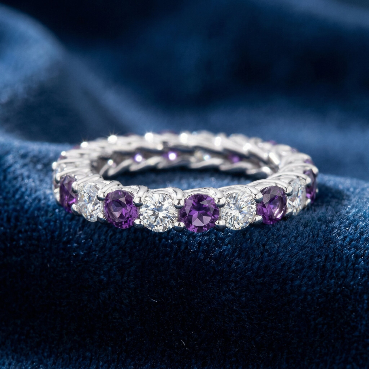 2 1/2Ct Amethyst & Diamond Eternity Ring 14k White Gold (H-I, I1)