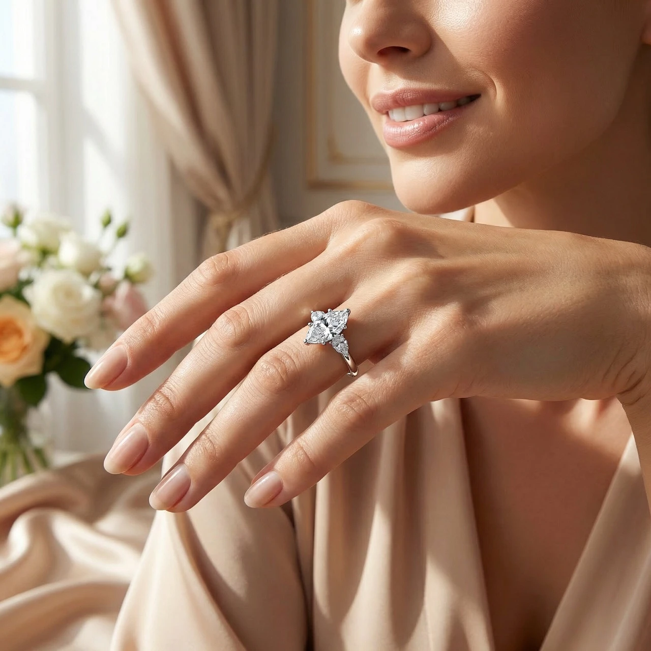 1 1/3Ct Marquise & Pear Shape Diamond 3 Stone Engagement Ring 14k Gold Lab Grown (F-G, VS)