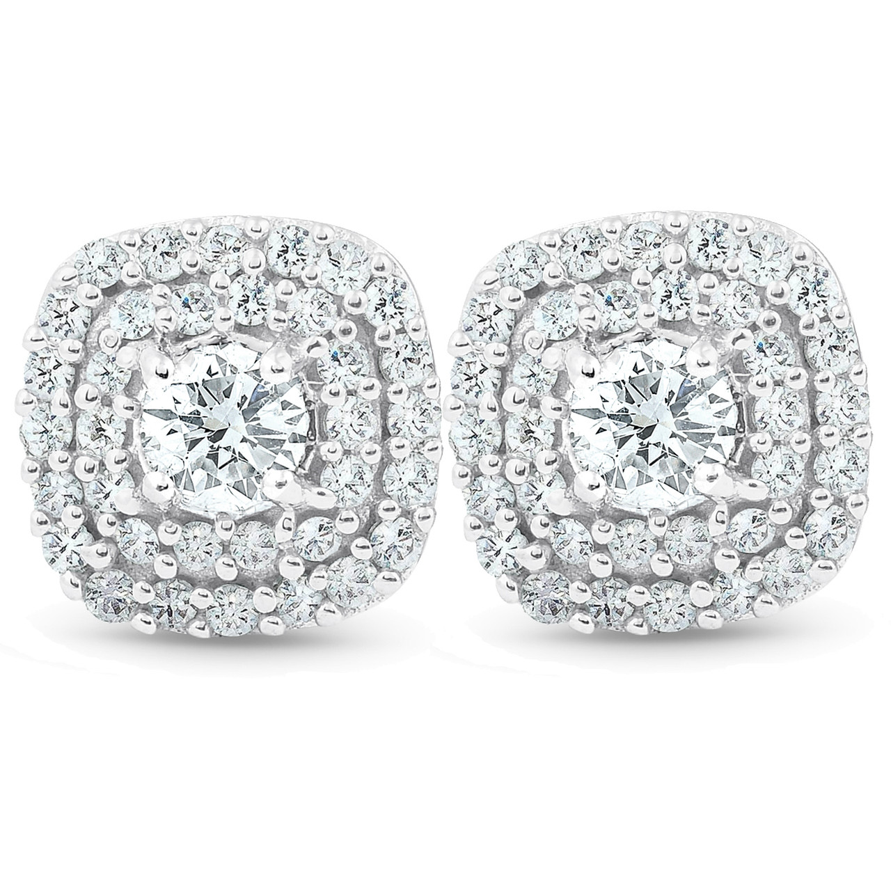 1/2 Ct TDW Genuine Diamond Cushion Halo Studs 10k White Gold 1/3" (I-J, I1)